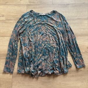 Peruvian Connection Swing Top Green Floral Boatneck Long Sleeve Stretch Size M/L